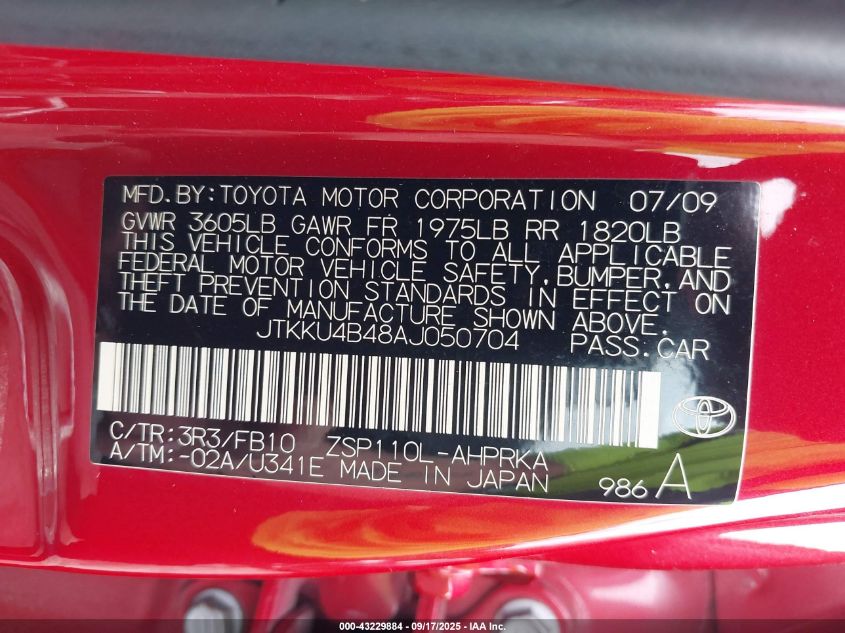 2010 Scion Xd VIN: JTKKU4B48AJ050704 Lot: 43229884