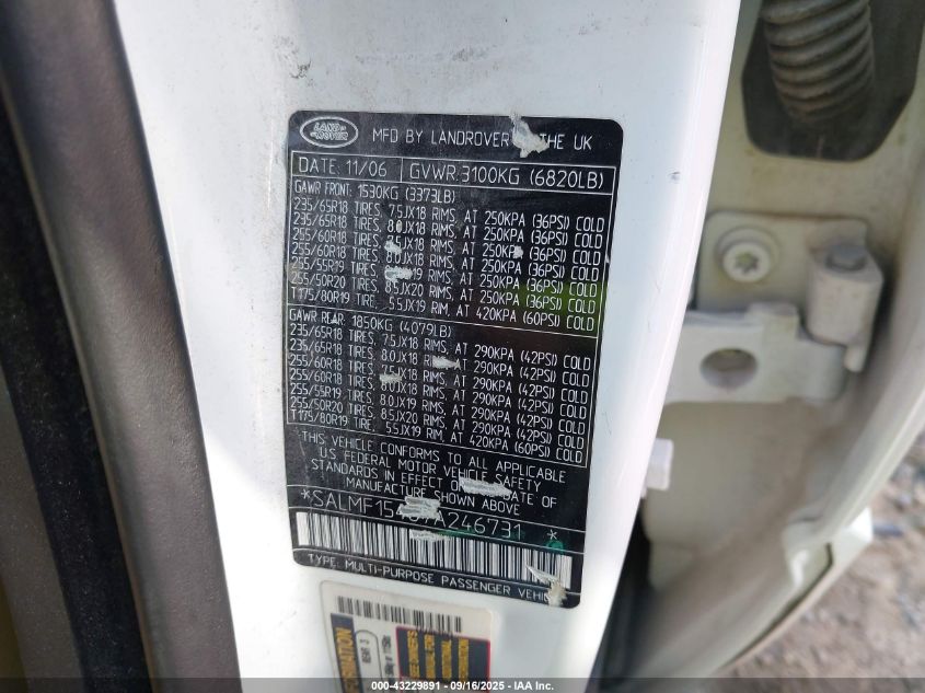 2007 Land Rover Range Rover Hse VIN: SALMF15487A246731 Lot: 43229891