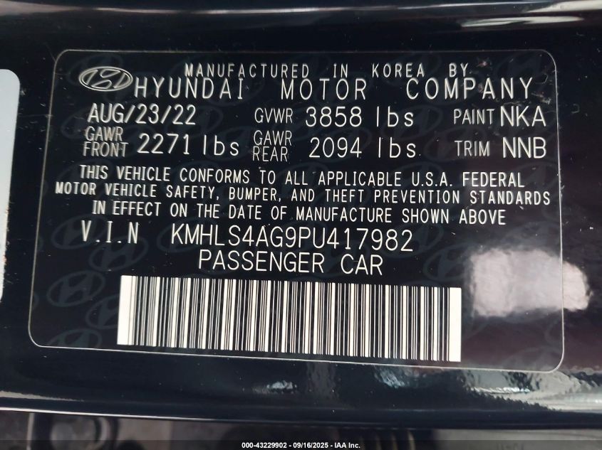2023 Hyundai Elantra Sel VIN: KMHLS4AG9PU417982 Lot: 43229902
