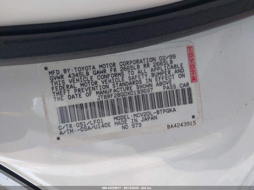 1999 Lexus Es 300 VIN: JT8BF28G0X0193697 Lot: 43229917