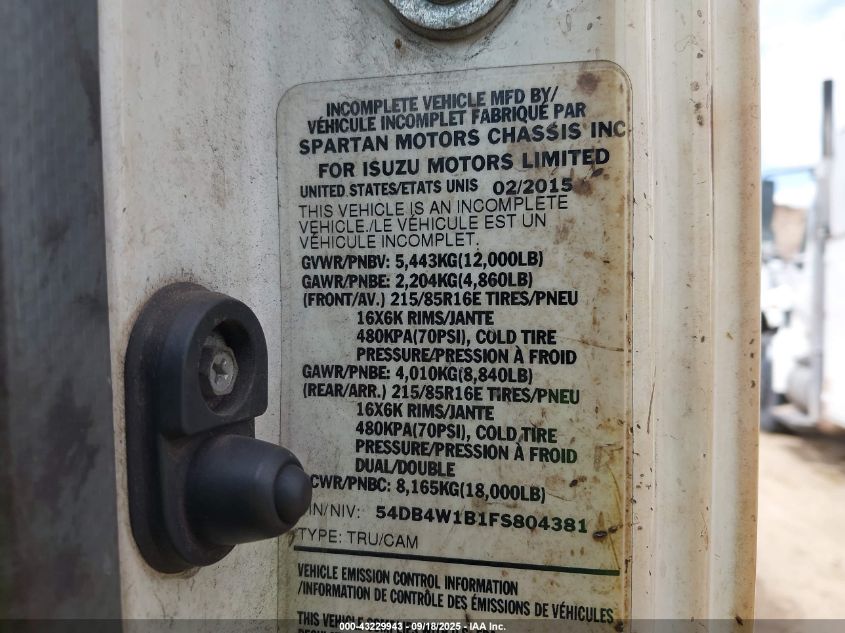 2015 Isuzu Npr Reg VIN: 54DB4W1B1FS804381 Lot: 43229943