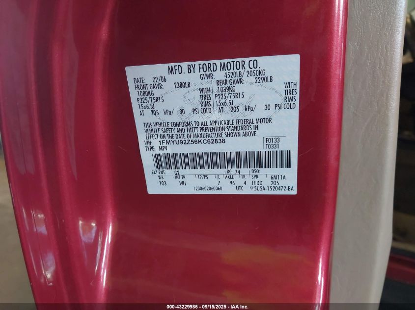 2006 Ford Escape Xls/Xls Manual VIN: 1FMYU92Z56KC62838 Lot: 43229986