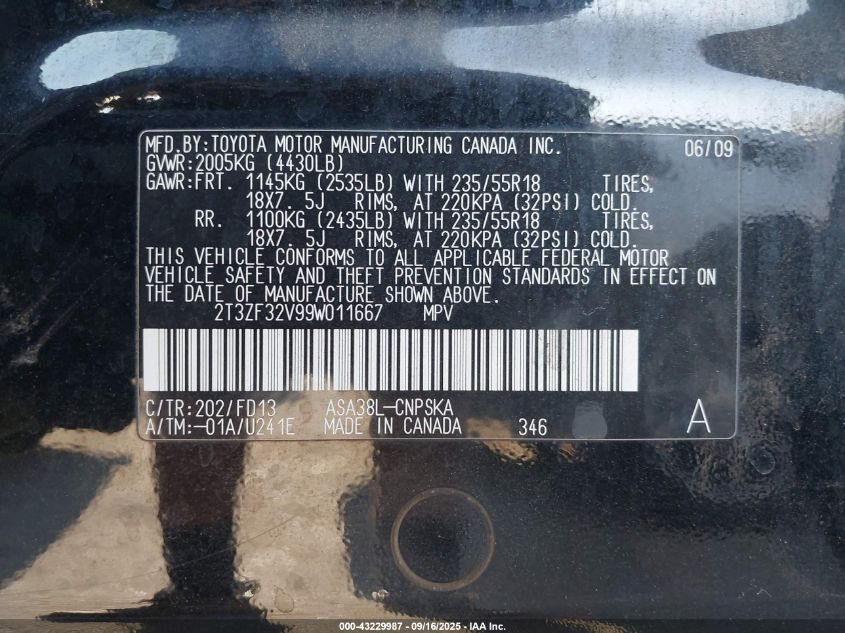 2009 Toyota Rav4 Sport VIN: 2T3ZF32V99W011667 Lot: 43229987