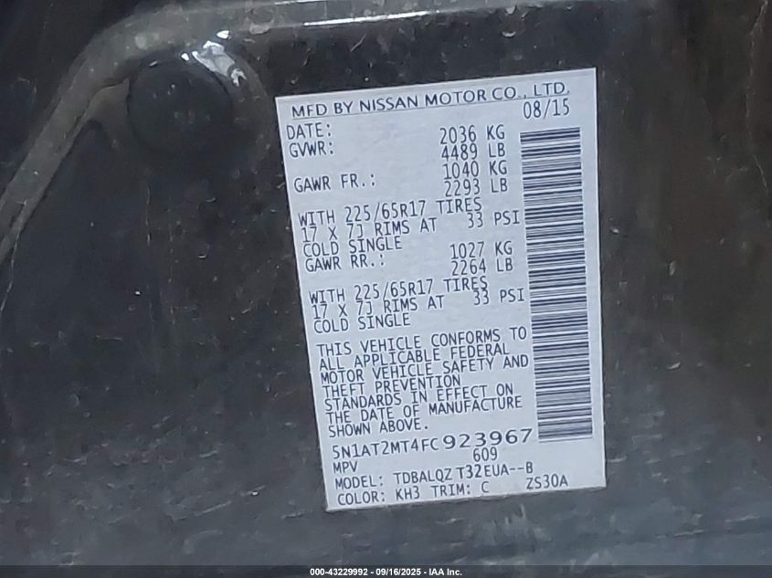 2015 Nissan Rogue Sv VIN: 5N1AT2MT4FC923967 Lot: 43229992