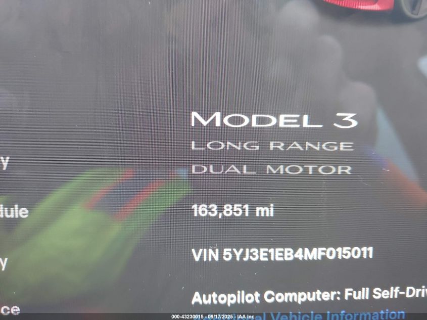 2021 Tesla Model 3 Long Range Dual Motor All-Wheel Drive VIN: 5YJ3E1EB4MF015011 Lot: 43230015