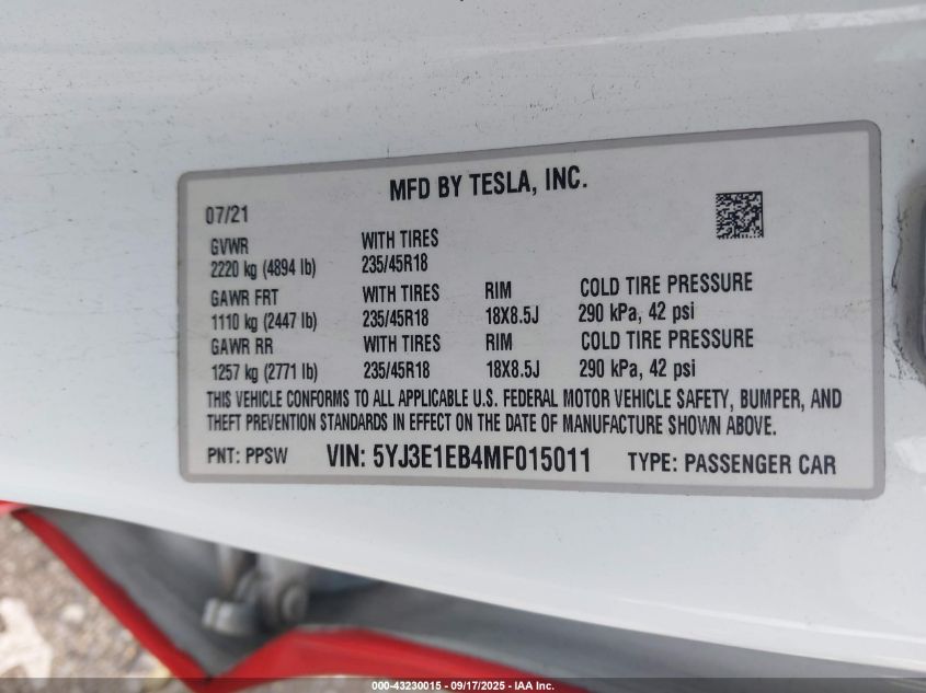 2021 Tesla Model 3 Long Range Dual Motor All-Wheel Drive VIN: 5YJ3E1EB4MF015011 Lot: 43230015