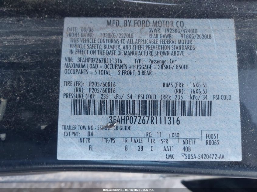 2007 Ford Fusion Se VIN: 3FAHP07Z67R111316 Lot: 43230018