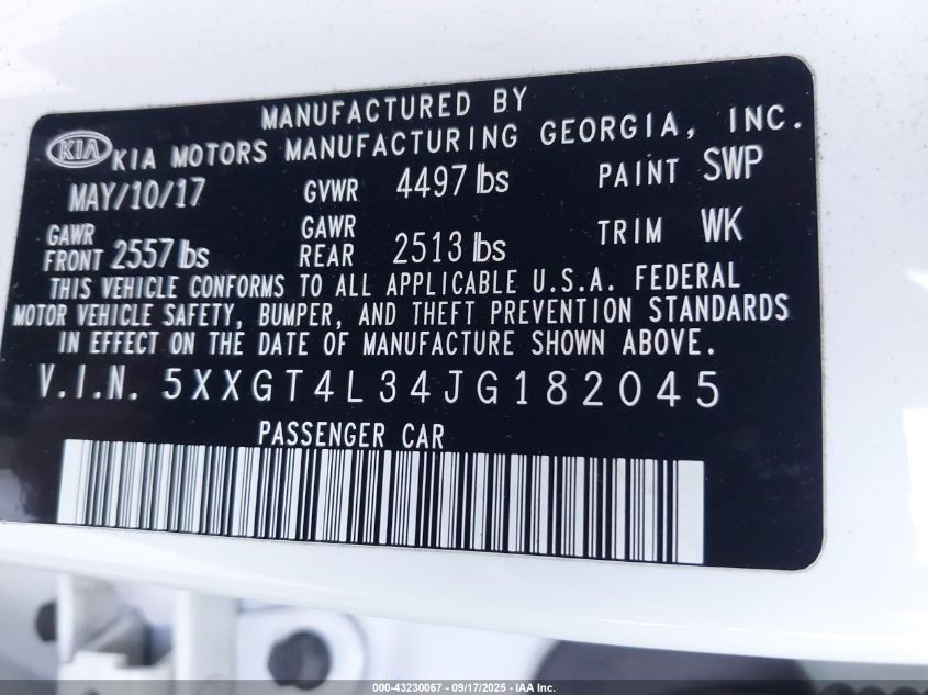 2018 Kia Optima Lx VIN: 5XXGT4L34JG182045 Lot: 43230067