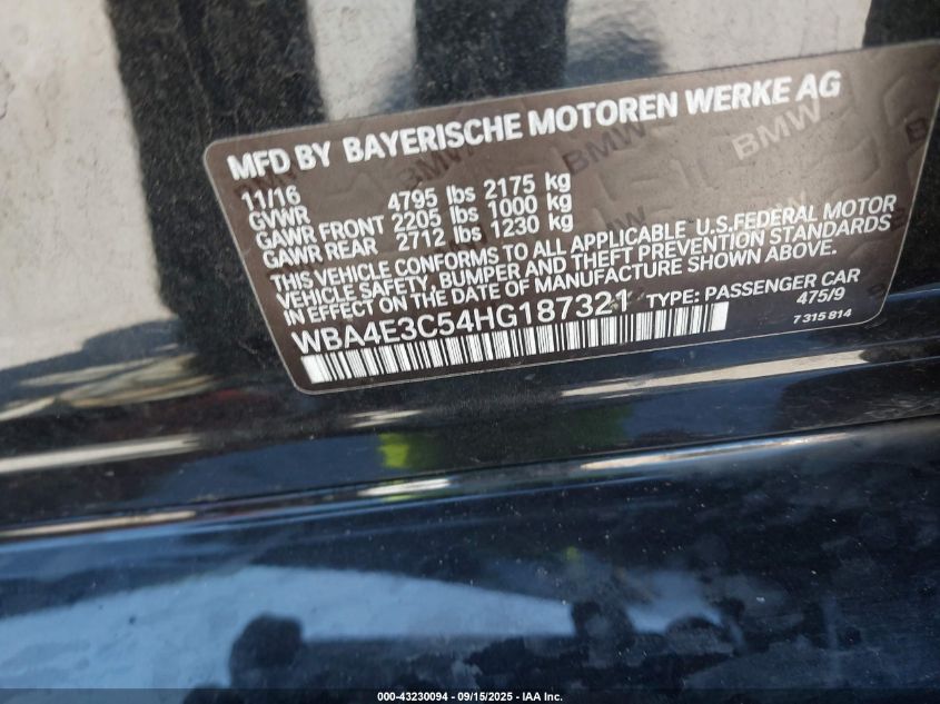 2017 BMW 440I Gran Coupe VIN: WBA4E3C54HG187321 Lot: 43230094