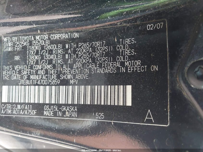 2007 Toyota Fj Cruiser VIN: JTEBU11F470075859 Lot: 43230096