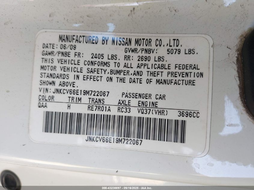 2009 Infiniti G37 VIN: JNKCV66E19M722067 Lot: 43230097