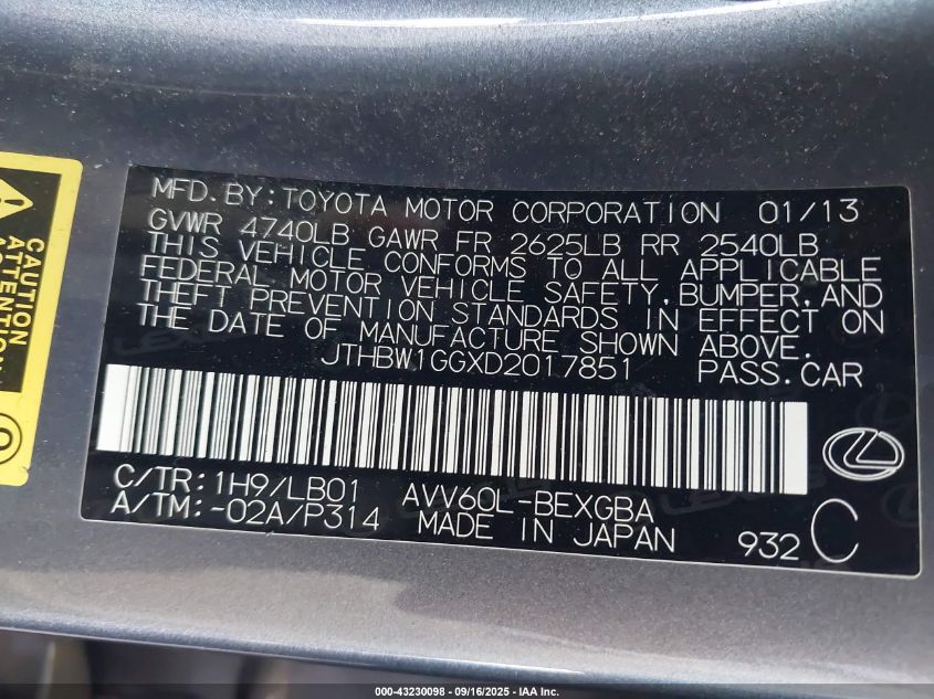 2013 Lexus Es 300H VIN: JTHBW1GGXD2017851 Lot: 43230098