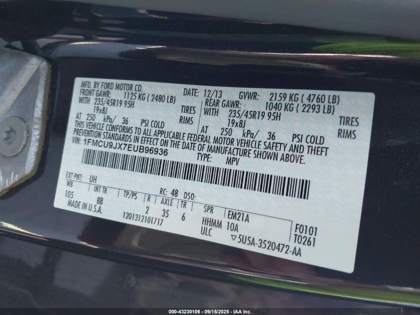 2014 Ford Escape Titanium VIN: 1FMCU9JX7EUB96936 Lot: 43230106