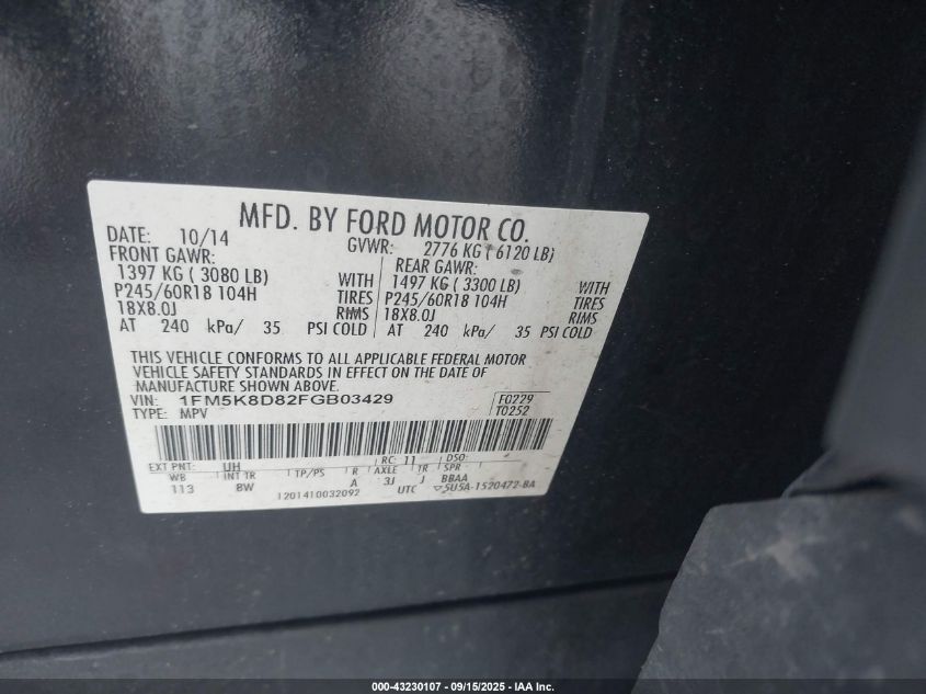 2015 Ford Explorer Xlt VIN: 1FM5K8D82FGB03429 Lot: 43230107