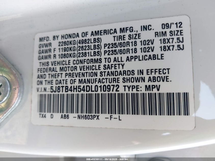 2013 Acura Rdx VIN: 5J8TB4H54DL010972 Lot: 43230111