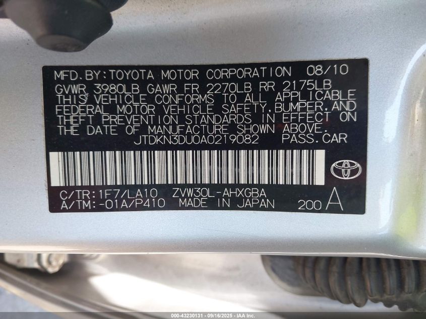 2010 Toyota Prius Iv VIN: JTDKN3DU0A0219082 Lot: 43230131