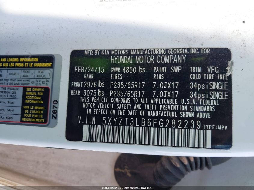 2015 Hyundai Santa Fe Sport 2.4L VIN: 5XYZT3LB6FG282239 Lot: 43230135