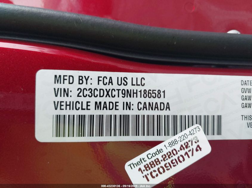 2022 Dodge Charger R/T VIN: 2C3CDXCT9NH186581 Lot: 43230136