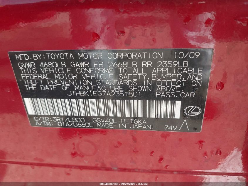 2010 Lexus Es 350 VIN: JTHBK1EG7A2351801 Lot: 43230138