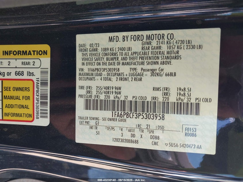 2023 Ford Mustang Gt Premium Fastback VIN: 1FA6P8CF3P5303958 Lot: 43230140