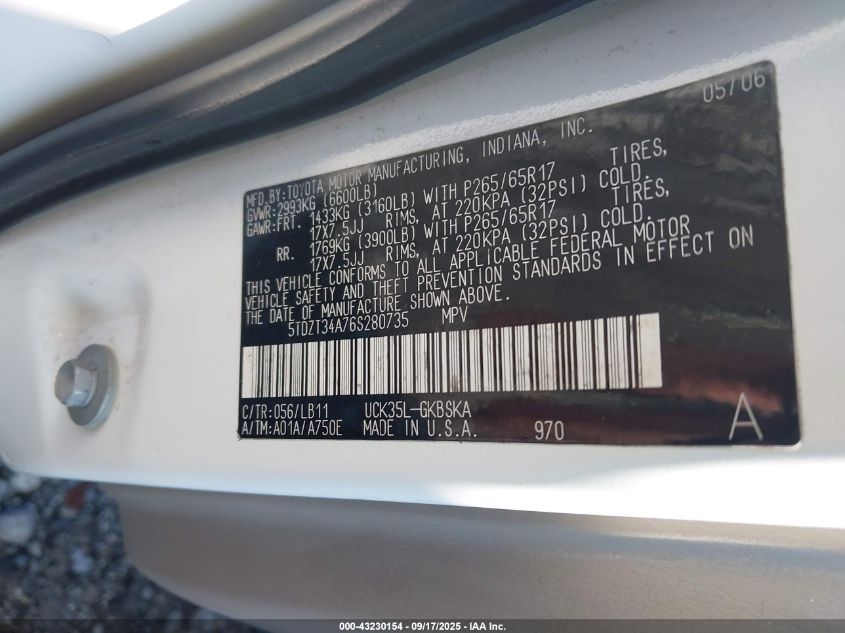 2006 Toyota Sequoia Sr5 V8 VIN: 5TDZT34A76S280735 Lot: 43230154