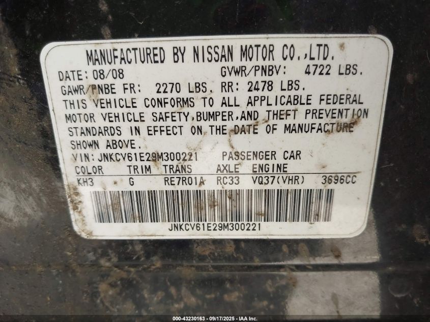 2009 Infiniti G37 Journey VIN: JNKCV61E29M300221 Lot: 43230163
