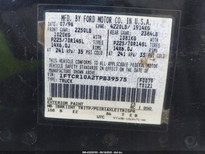 1996 Ford Ranger VIN: 1FTCR10A2TPB39575 Lot: 43230193