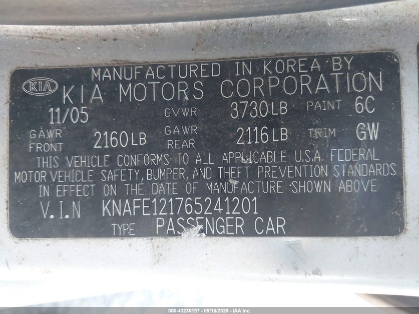 2006 Kia Spectra Ex/Lx/Sx VIN: KNAFE121765241201 Lot: 43230197