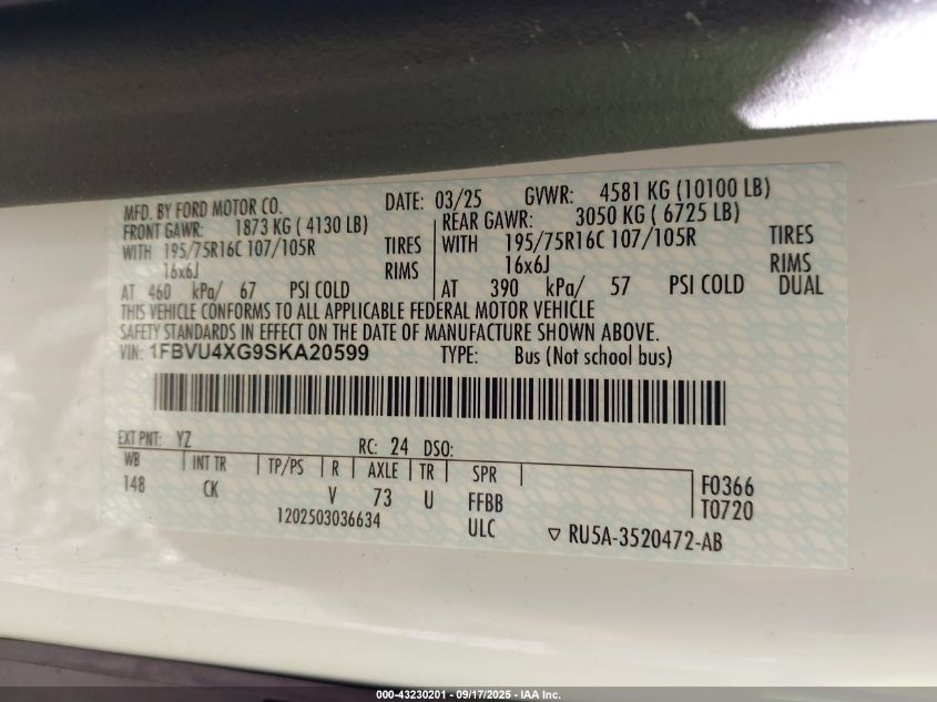 2025 Ford Transit-350 Passenger Van Xl VIN: 1FBVU4XG9SKA20599 Lot: 43230201