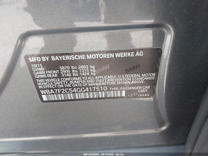 2016 BMW 750I xDrive VIN: WBA7F2C54GG417510 Lot: 43230203