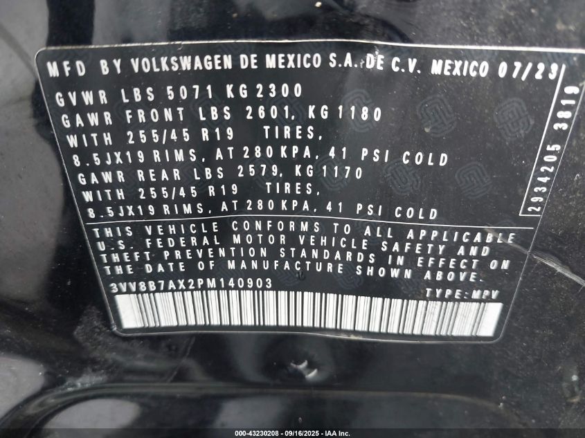 2023 Volkswagen Tiguan 2.0T Se R-Line Black VIN: 3VV8B7AX2PM140903 Lot: 43230208