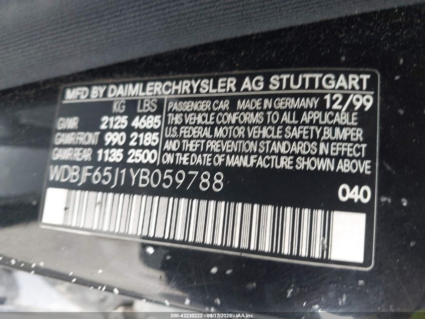 2000 Mercedes-Benz E 320 VIN: WDBJF65J1YB059788 Lot: 43230222