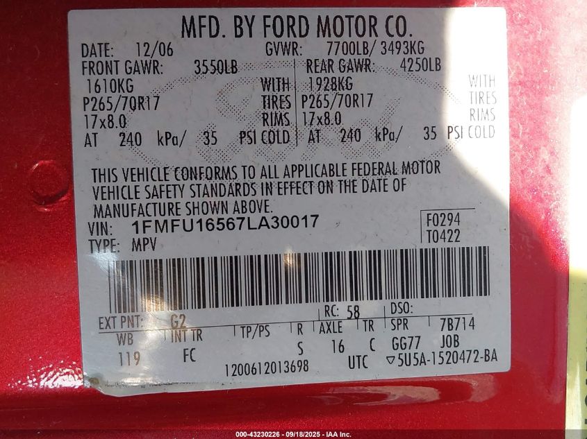 2007 Ford Expedition Xlt VIN: 1FMFU16567LA30017 Lot: 43230226