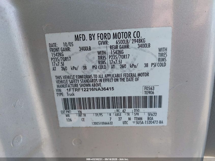 2006 Ford F-150 Stx/Xl/Xlt VIN: 1FTRF12216NA36415 Lot: 43230231