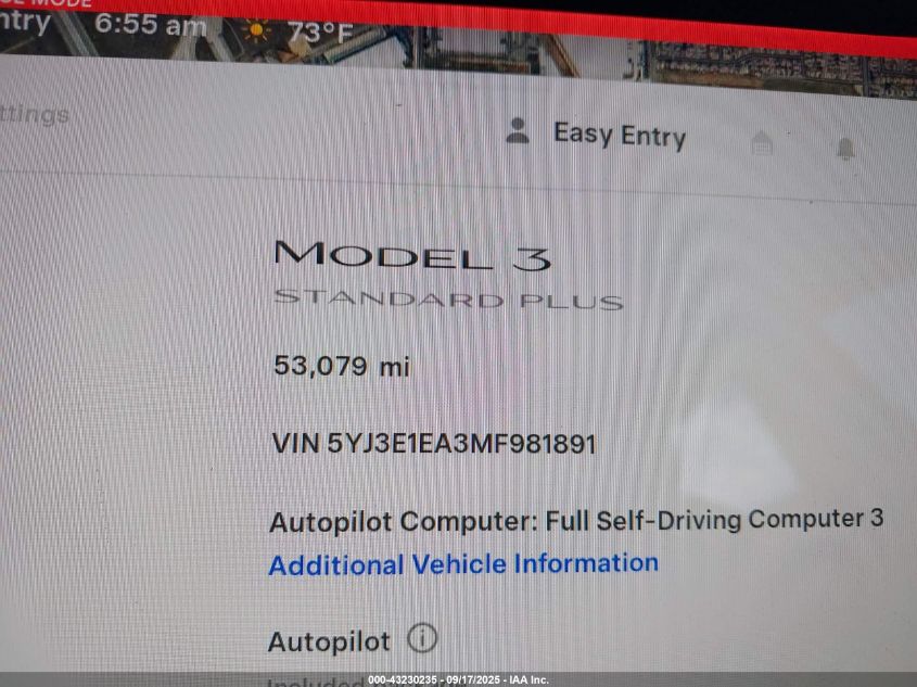 2021 Tesla Model 3 Standard Range Plus Rear-Wheel Drive VIN: 5YJ3E1EA3MF981891 Lot: 43230235