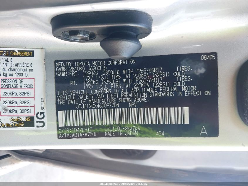 2006 Lexus Gx 470 VIN: JTJBT20X460097704 Lot: 43230240