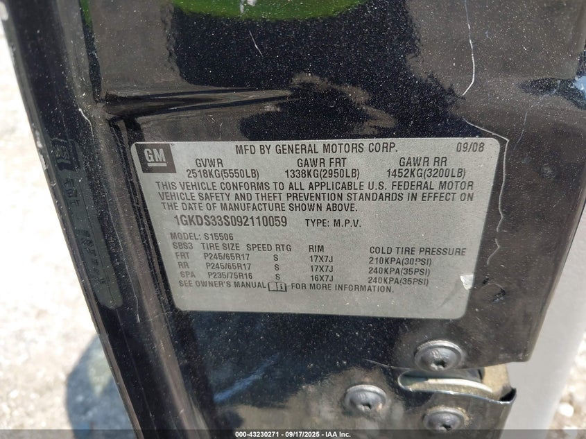 2009 GMC Envoy Sle VIN: 1GKDS33S092110059 Lot: 43230271