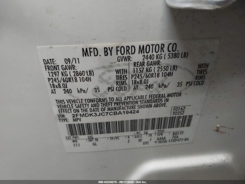 2012 Ford Edge Sel VIN: 2FMDK3JC7CBA19424 Lot: 43230278