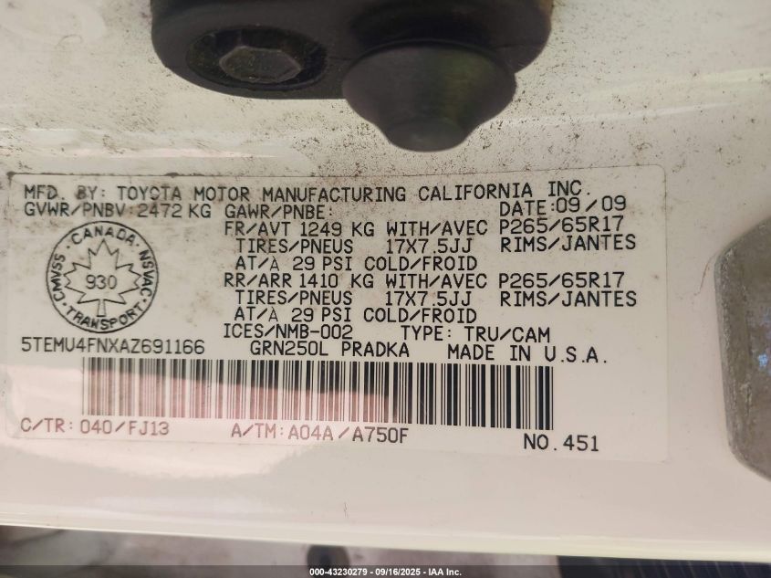 2010 Toyota Tacoma V6 VIN: 5TEMU4FNXAZ691166 Lot: 43230279