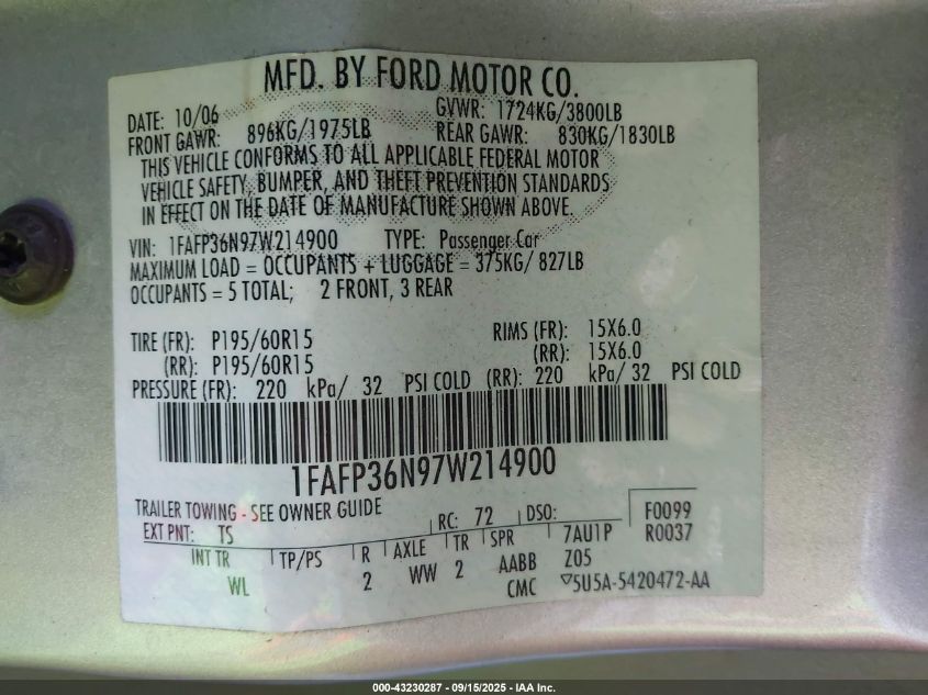 2007 Ford Focus Se/Ses VIN: 1FAFP36N97W214900 Lot: 43230287