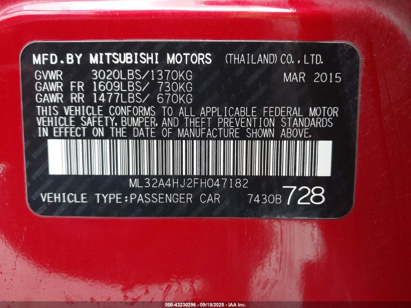 2015 Mitsubishi Mirage Es/Rf VIN: ML32A4HJ2FH047182 Lot: 43230296