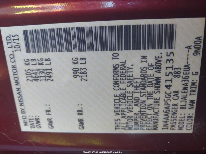 2016 Nissan Maxima 3.5 Sl VIN: 1N4AA6AP5GC415135 Lot: 43230308