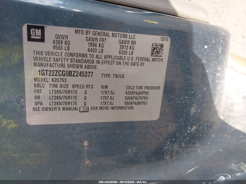 2011 GMC Sierra 2500Hd Work Truck VIN: 1GT22ZCG0BZ245377 Lot: 43230309