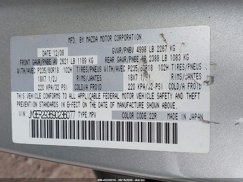 2009 Mazda Cx-7 Touring VIN: JM3ER293690236077 Lot: 43230318