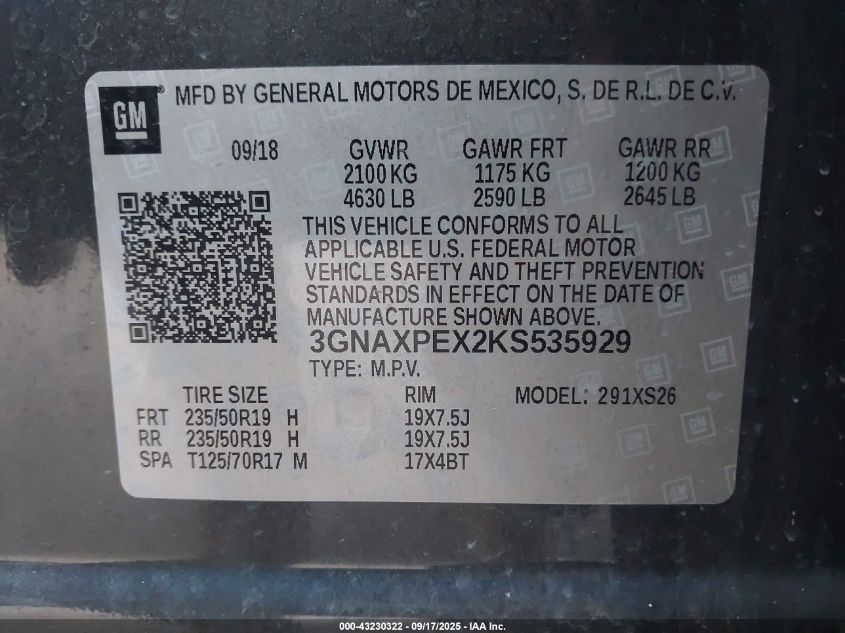 2019 Chevrolet Equinox Premier VIN: 3GNAXPEX2KS535929 Lot: 43230322