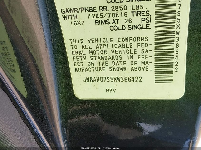 1999 Nissan Pathfinder Le/Se/Xe VIN: JN8AR07S5XW366422 Lot: 43230324