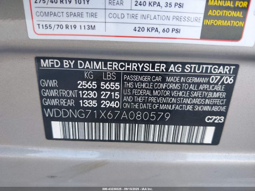 2007 Mercedes-Benz S 550 VIN: WDDNG71X67A080579 Lot: 43230325