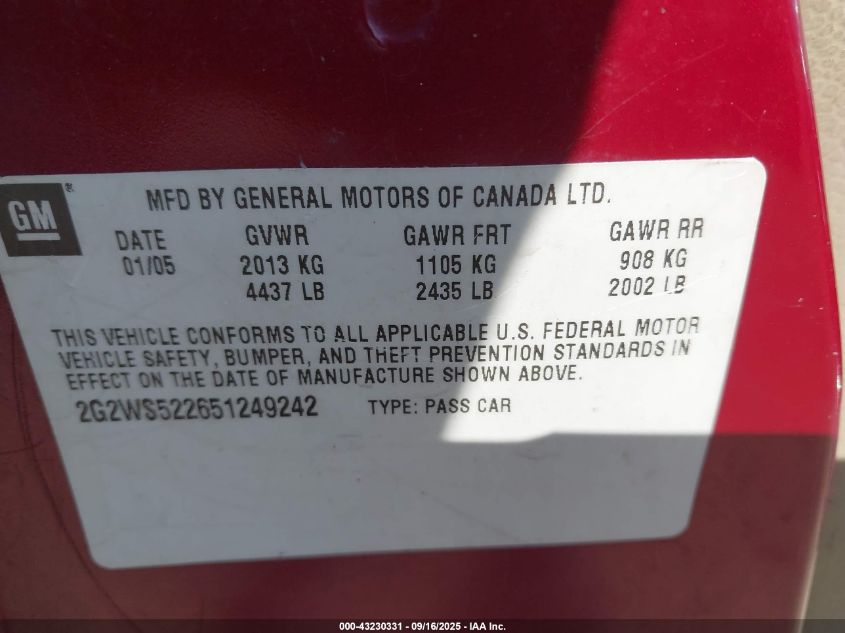 2005 Pontiac Grand Prix Gt VIN: 2G2WS522651249242 Lot: 43230331