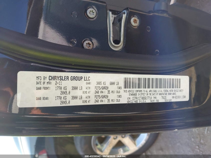 2011 Ram Ram 1500 Slt VIN: 1D7RV1CT0BS617710 Lot: 43230342