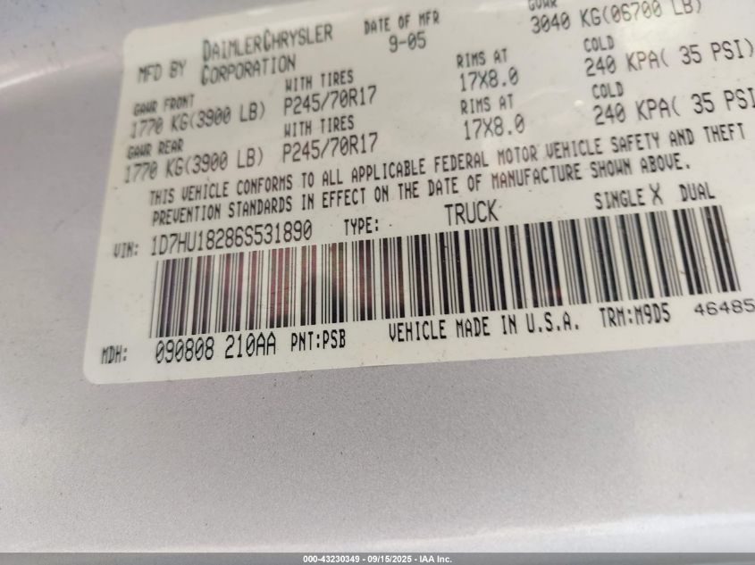 2006 Dodge Ram 1500 Slt/Trx4 Off Road/Sport VIN: 1D7HU18286S531890 Lot: 43230349